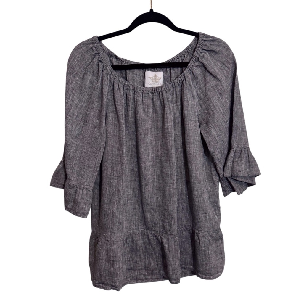 Crown Linen Designs Size Medium Gray Flutter Sleeves Blouse Top Lagenlook Beach